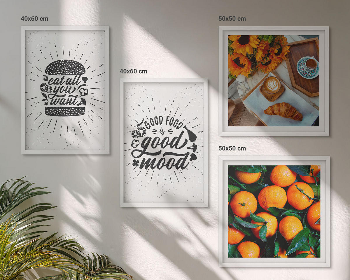 WANDBILDER 4er-Set - 50x50 cm & 40x60 cm Weißer Rahmen - Juicy Oranges Kitchen - Weiß, Kunststoff (50/50cm) - ArtPrintCave