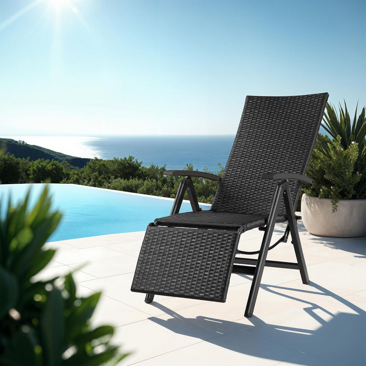 RATTANSTUHL Brisbane ,58 x 77 x 113 cm,schwarz - Schwarz, Kunststoff (58/113/77cm) - tectake