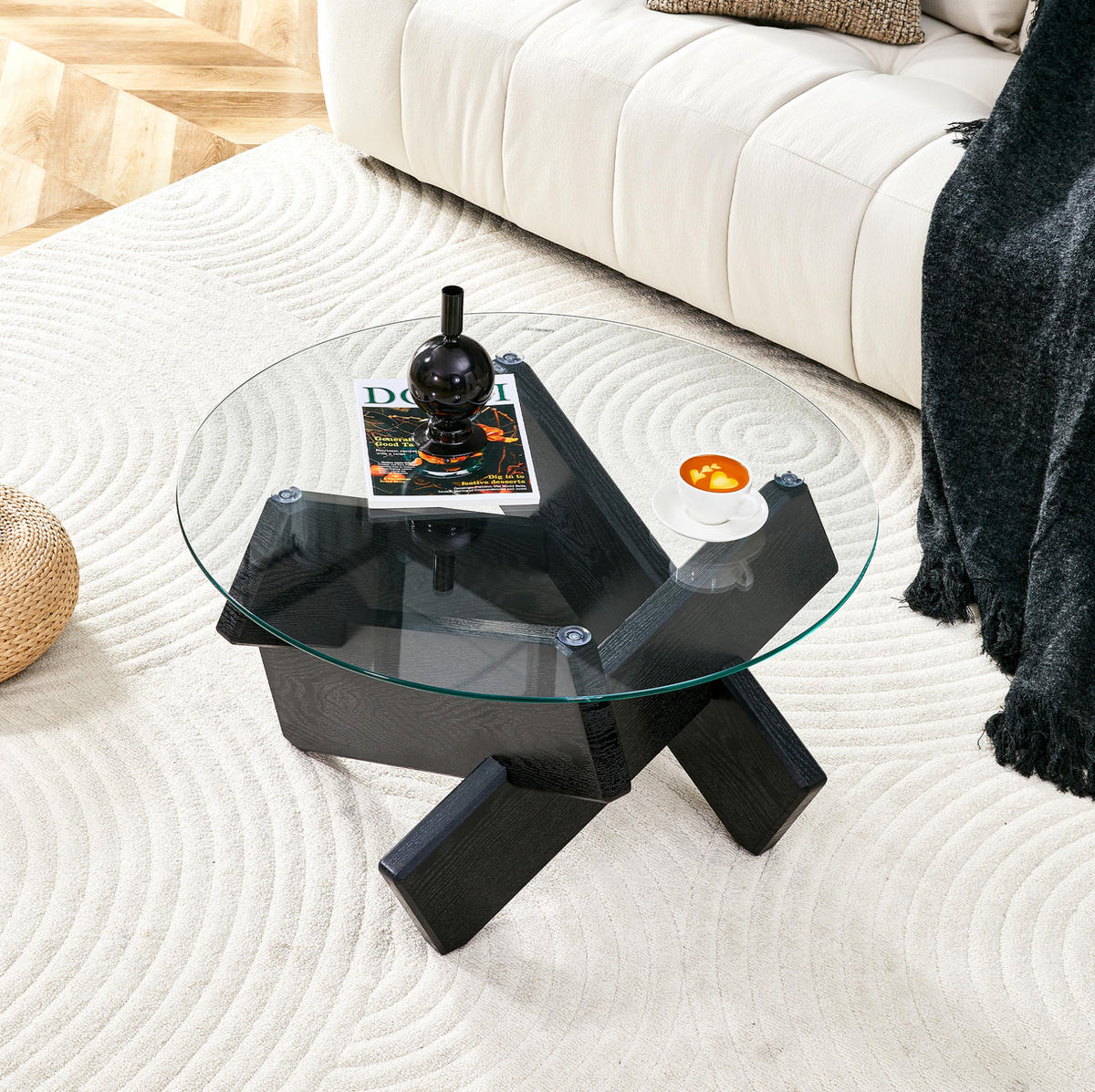 COUCHTISCH 79/45 cm aus MDF und Glas mit Kreuzgestell in Schwarz/Transparent - Schwarz, Holzwerkstoff (79/79/45cm) - Flora Grace