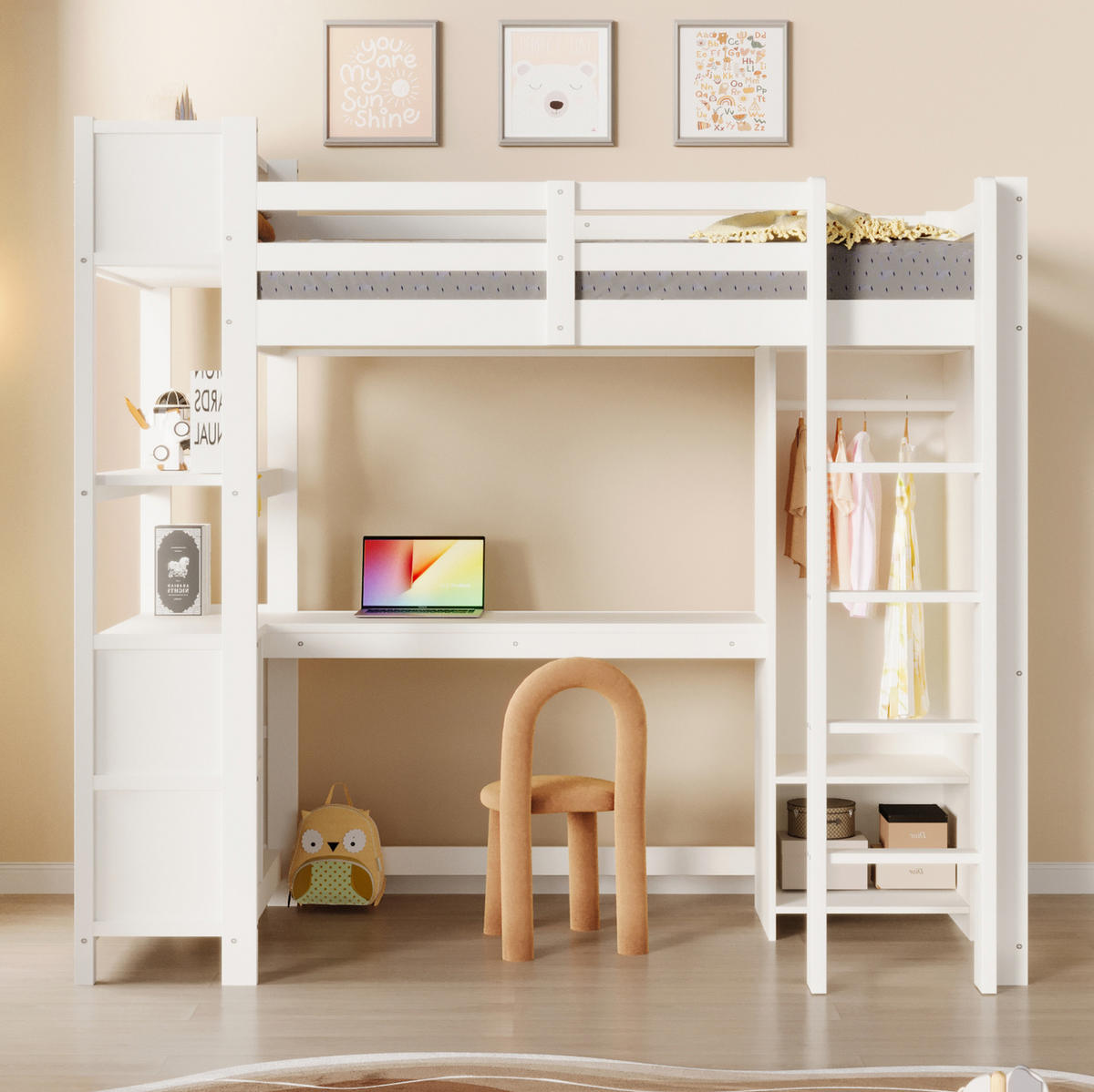 HOCHBETT 90/200 cm aus Kiefernholz mit Schreibtisch, Weiß - Weiß, Holz (90/200cm) - OKMYHOME