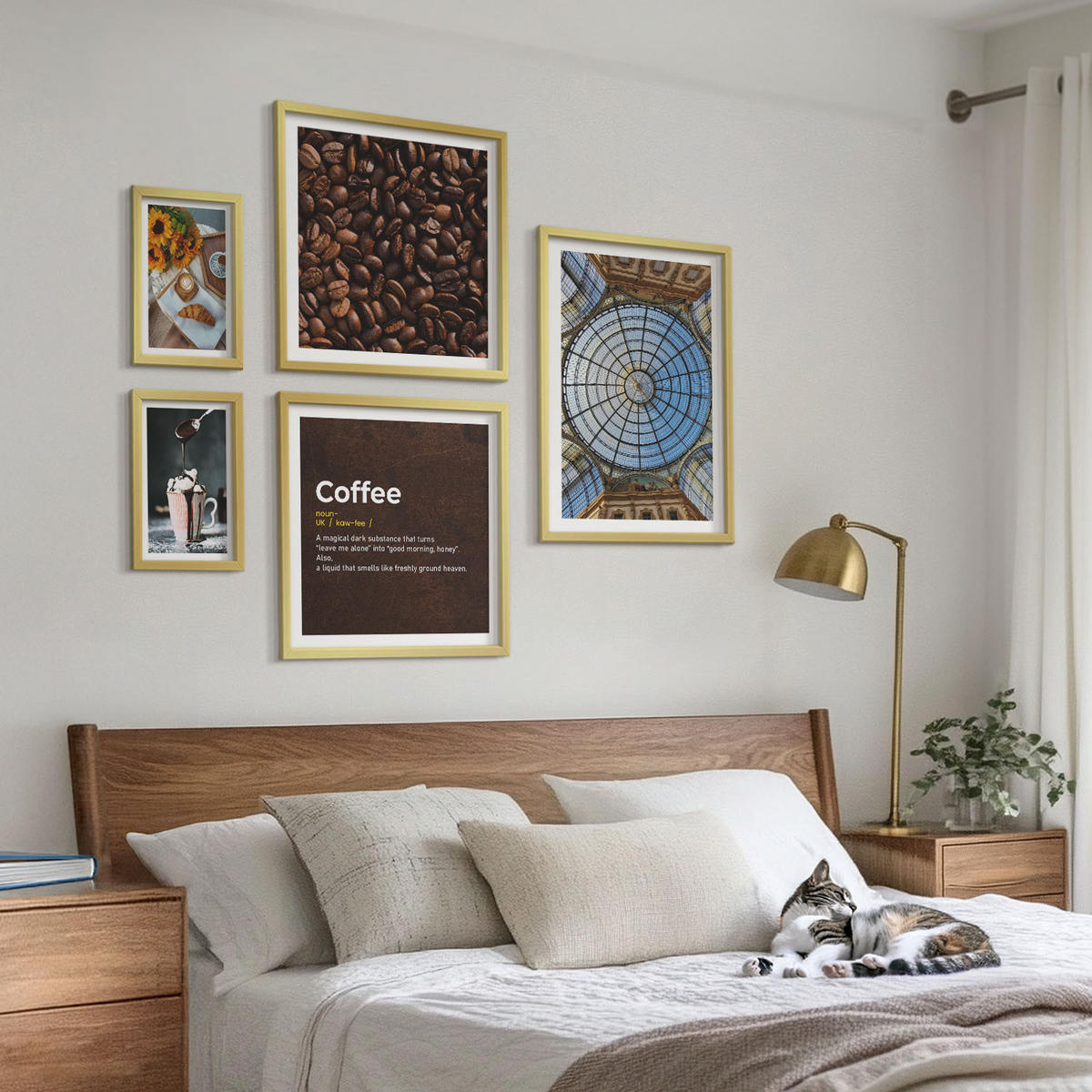 BILDER SET 5er Set - 50x50 cm & 20x30 cm & 40x60 cm Goldrahmen - Italienische Frühstückskaffeebohnen - Goldfarben, Kunststoff (40/60cm) - TULUP