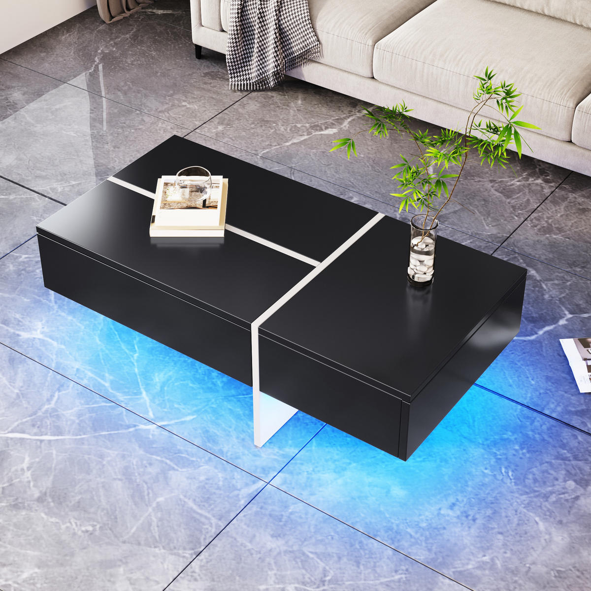 COUCHTISCH 100/50/34,5 cm Schwarz Weiß Hochglanz mit App-LED - Schwarz, Holzwerkstoff (100/50/34.5cm) - Korfee