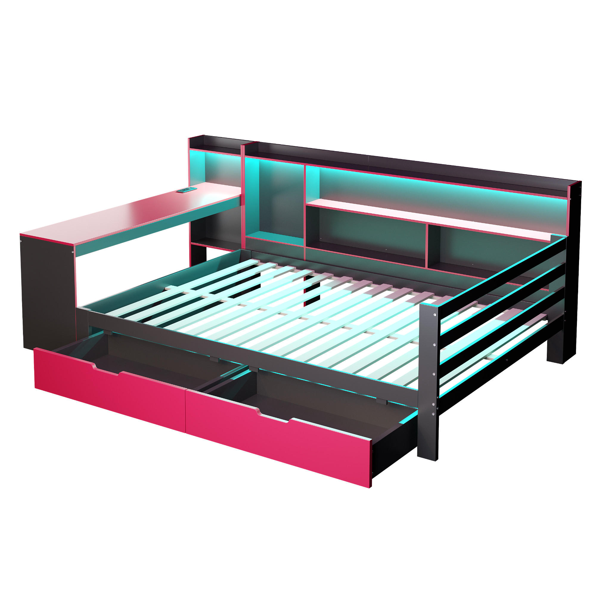 KINDERBETT 140/200 cm DE-01551, in Schwarz + Rot, mit Schreibtisch, Bücherregal und LED - Rot, Holz (140/200cm) - ComfortXL
