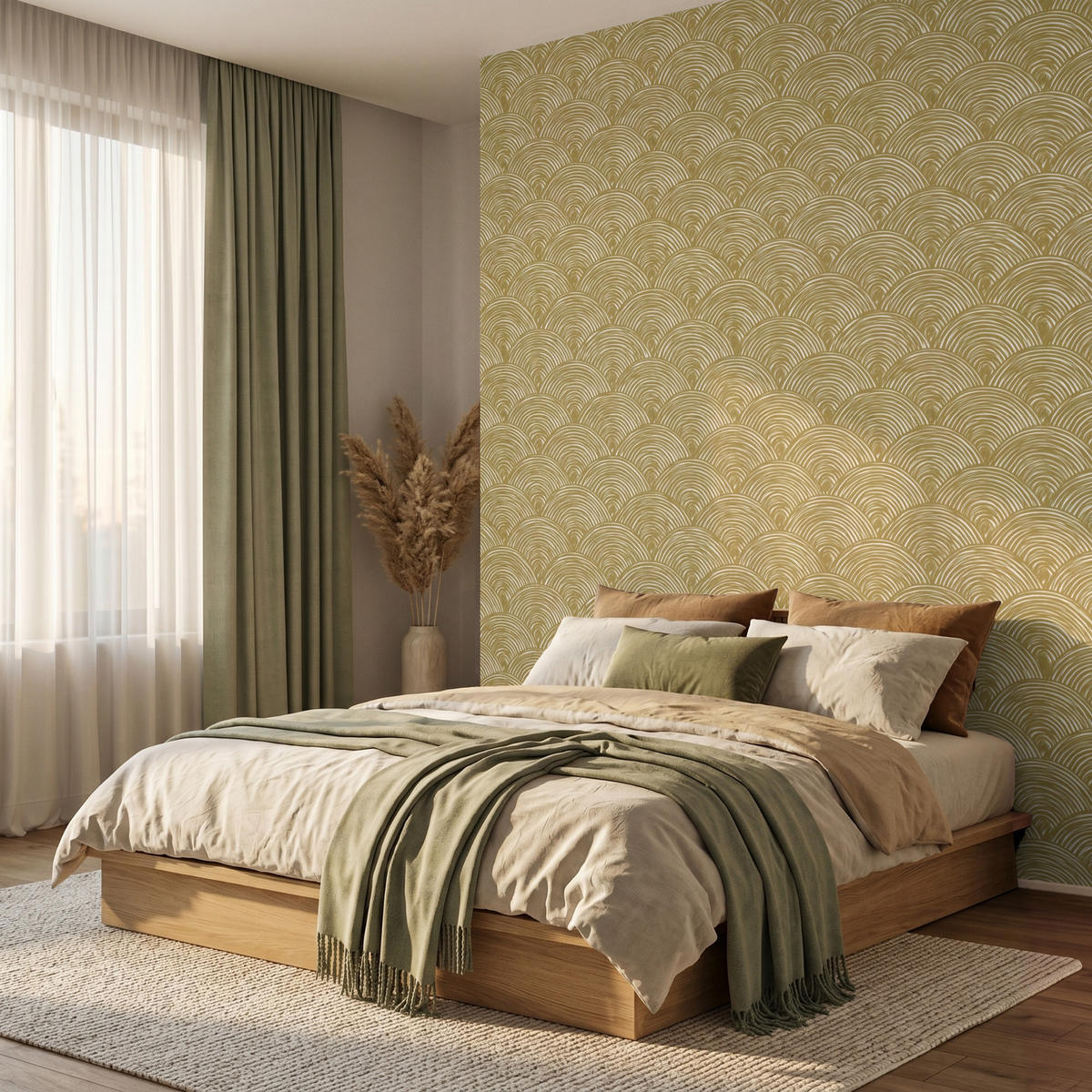 TAPETE - Fächer - Geometrisch - Grün - 260x300 cm - Goldfarben, Papier (260/300cm) - OnlyWow