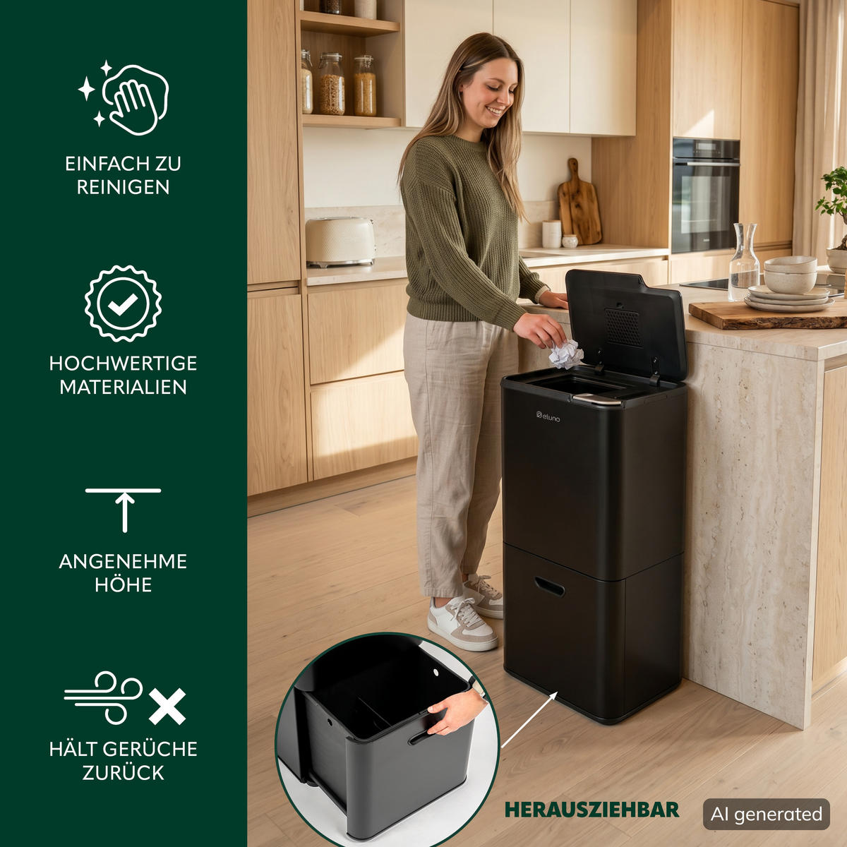 ABFALLEIMER, 58 Liter, aus Metall, schwarz - Schwarz, Metall (40.5/78/31cm) - eluno