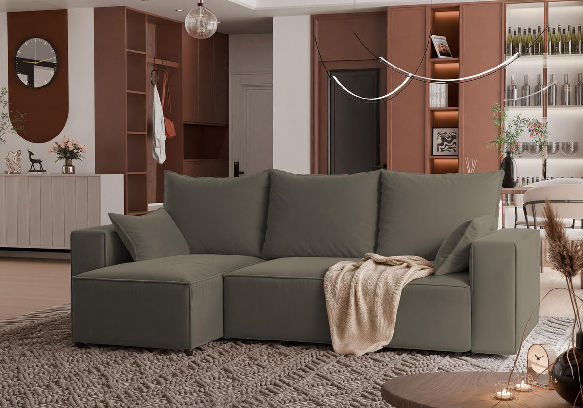 ECKSOFA Tobi mit Bettkasten und Schlaffunktion, L-Form, Velourstoff, Universal - Braun, Holzwerkstoff (246/145cm) - 4ALL HOME