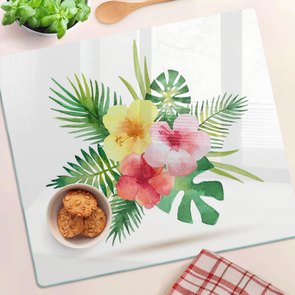 GLASPLATTE 60x52 cm Hawaiianische Blumen - Multicolor, Glas (60/0.4/52cm) - TULUP