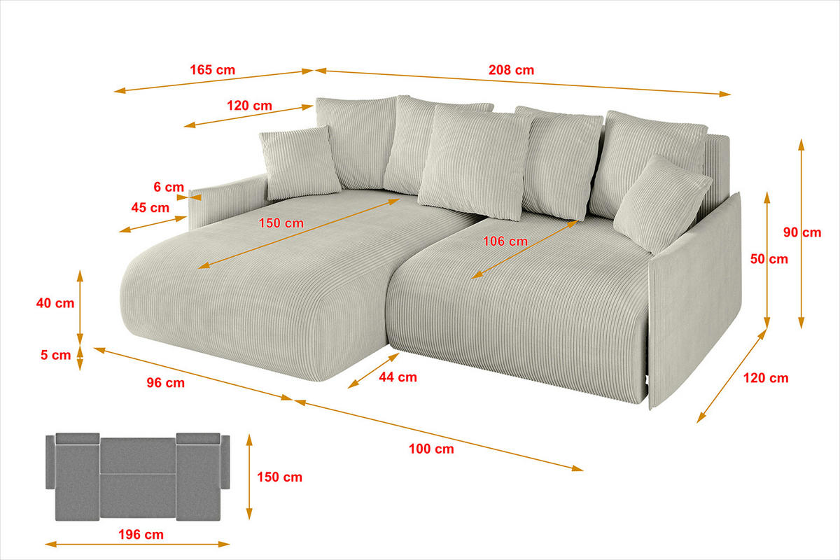 ECKSOFA mit Schlaffunktion und Bettkasten ONESK-L -v1 208x165x40 Hellgrau Cord - Hellgrau, Holzwerkstoff/Kunststoff (208/165cm) - ALTDECOR