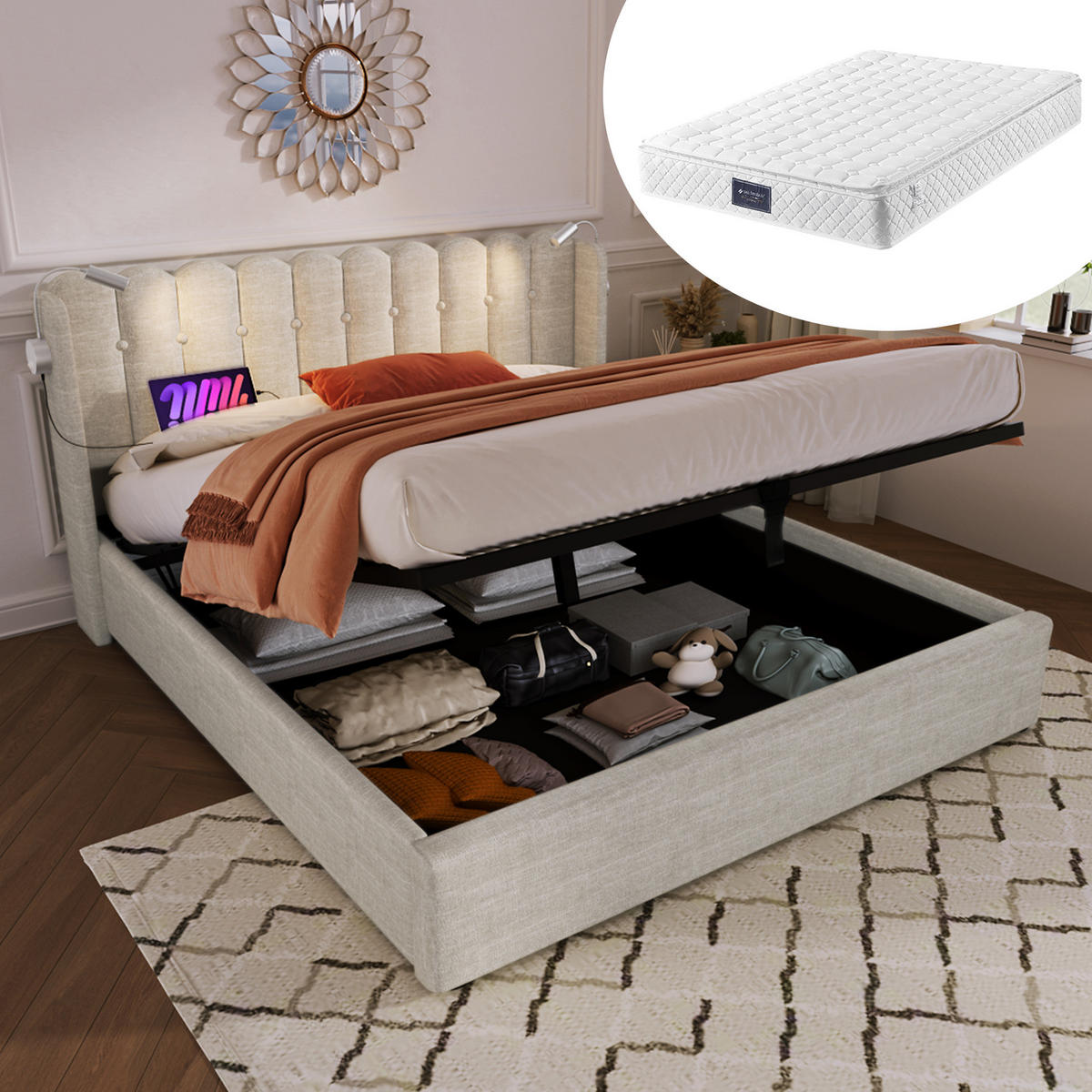 POLSTERBETT aus Leinen 160 x 200 cm in Beige mit Leselicht, USB & Matratze - Beige, Textil (160/200cm) - Modfu