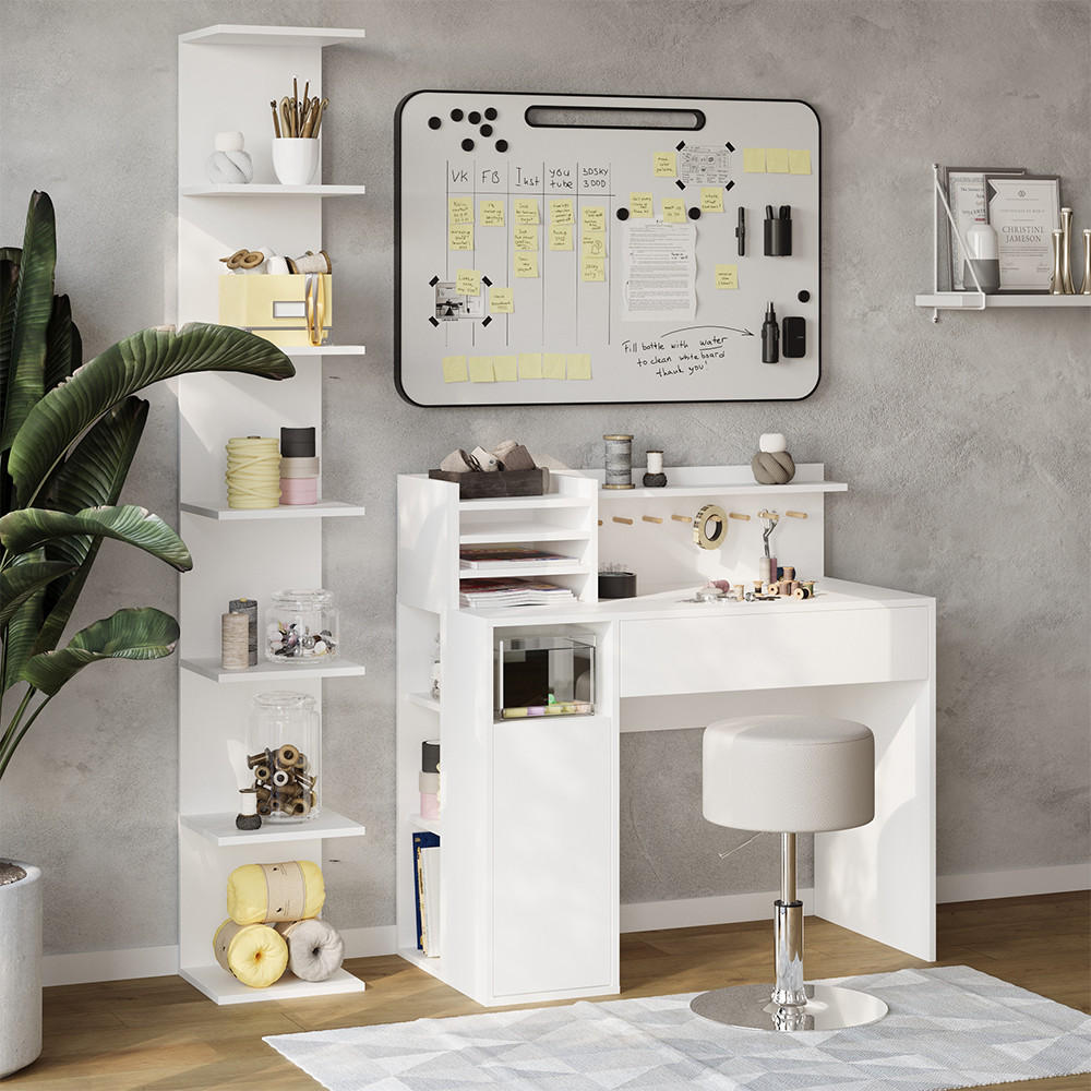 SCHREIBTISCH Weiß 3 Teile, mit Bücherregal und Hocker - Weiß, Holzwerkstoff (50/100/100cm) - Vicco