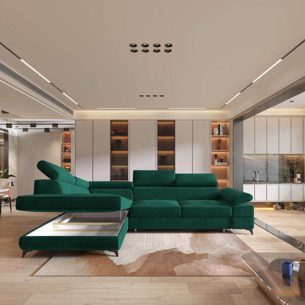 ECKSOFA FAVIEN L-S Grün Velours-Stoff mit Schlaffunktion - Grün, Holz (257/190cm) - MASSENO