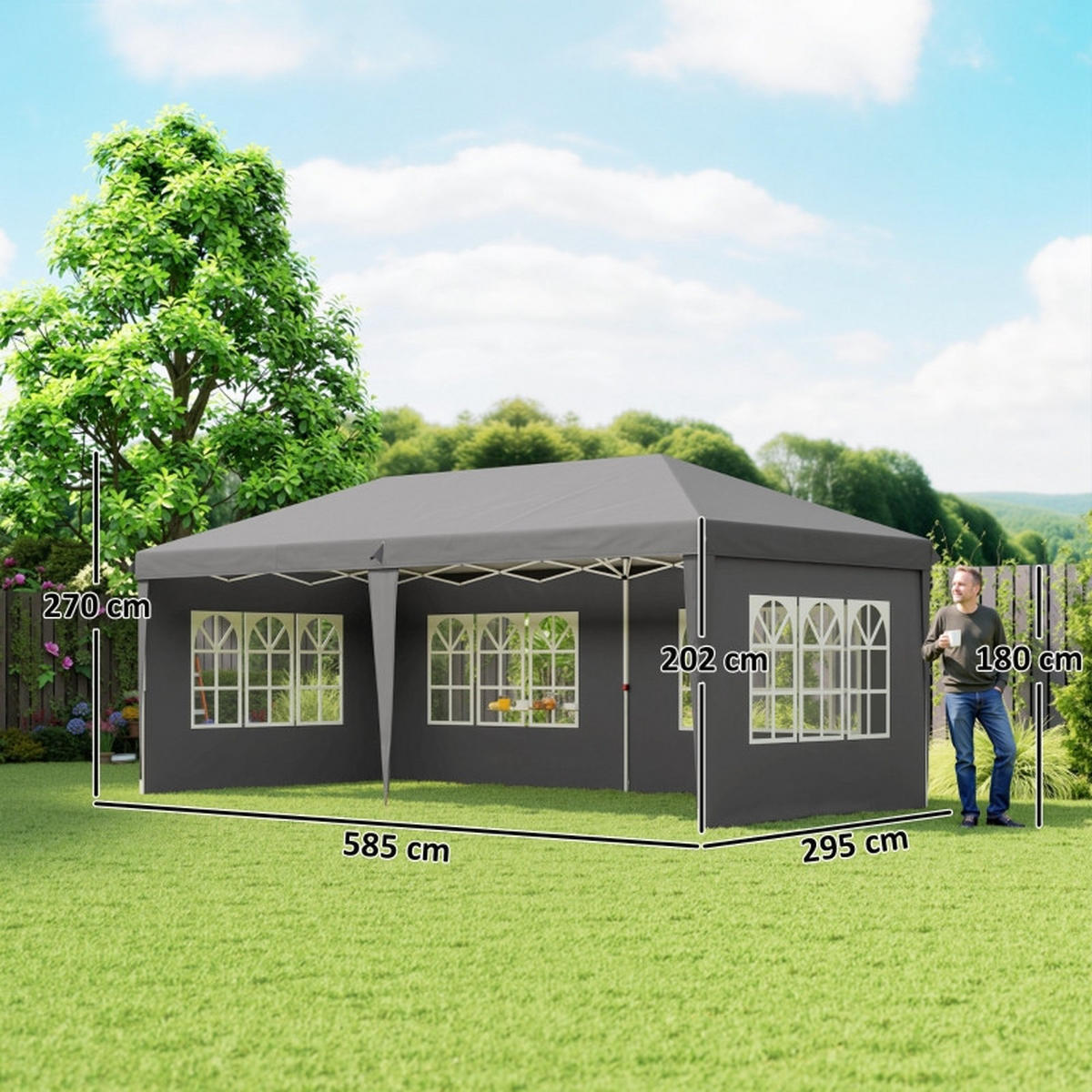 PAVILLON 3x6 m mit 4 Seitenwänden grau - Grau, Metall (295/270/585cm) - ComfortXL