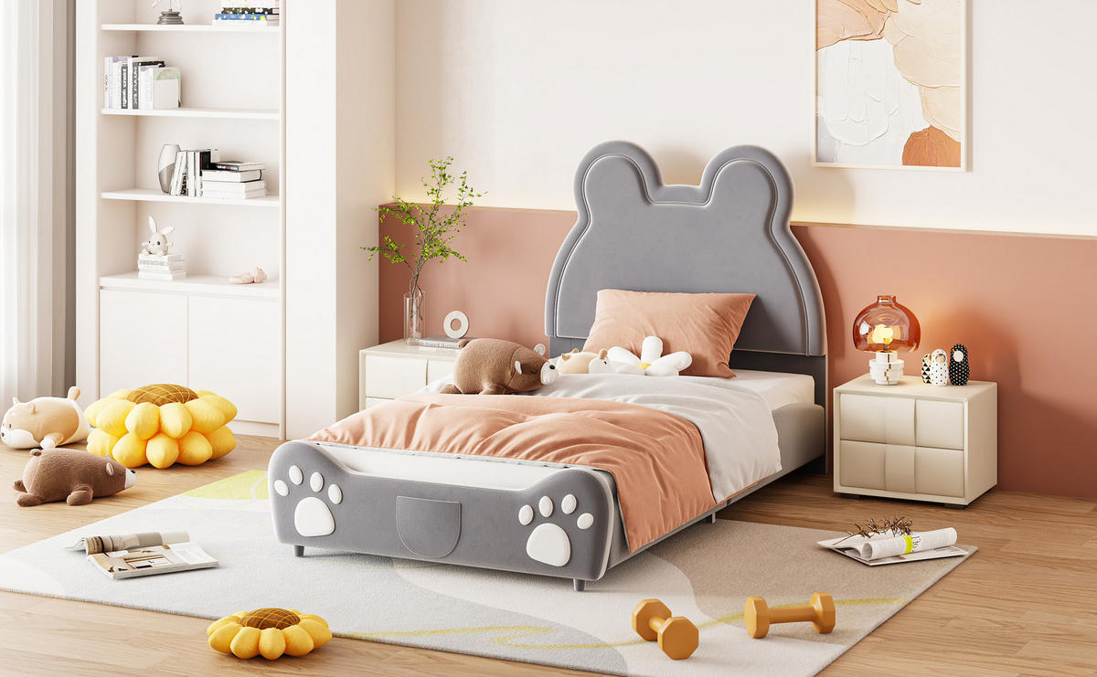 POLSTERBETT 90/200 cm grau aus Stoff in Bärenform - Grau, Textil (90/200cm) - OKMYHOME