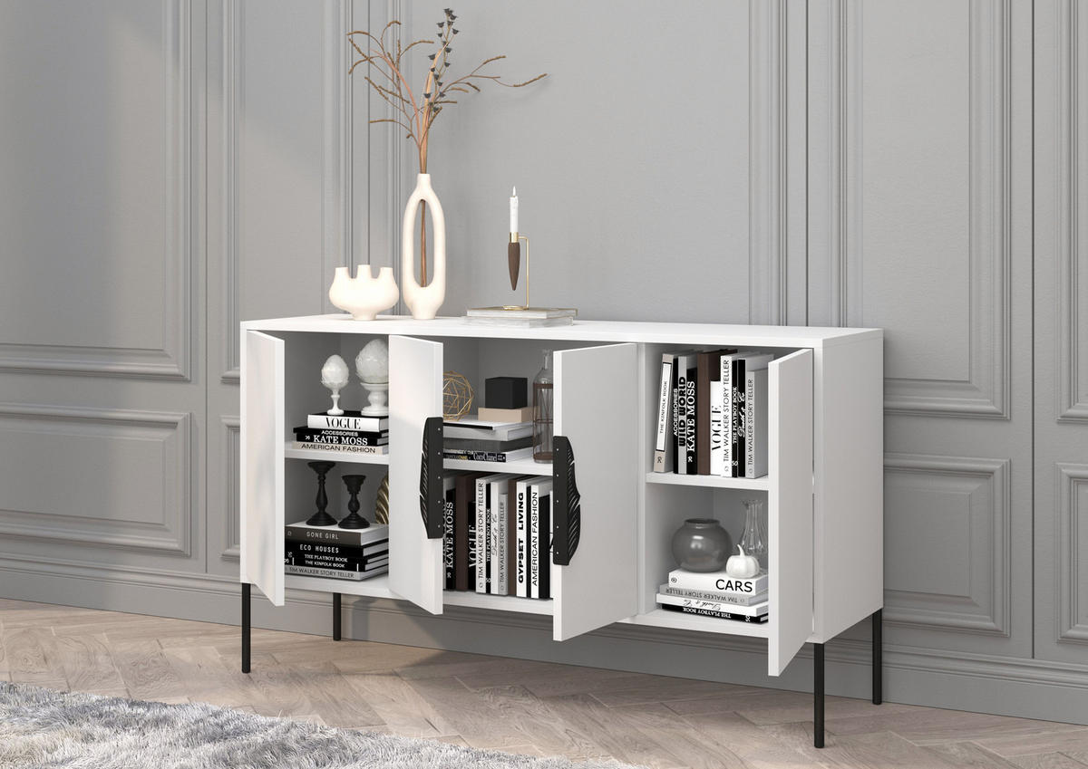 SIDEBOARD Merlin, Weiß, Schwarze Details - Schwarz/Weiß, Holzwerkstoff/Metall (138/79/40cm) - Skandica