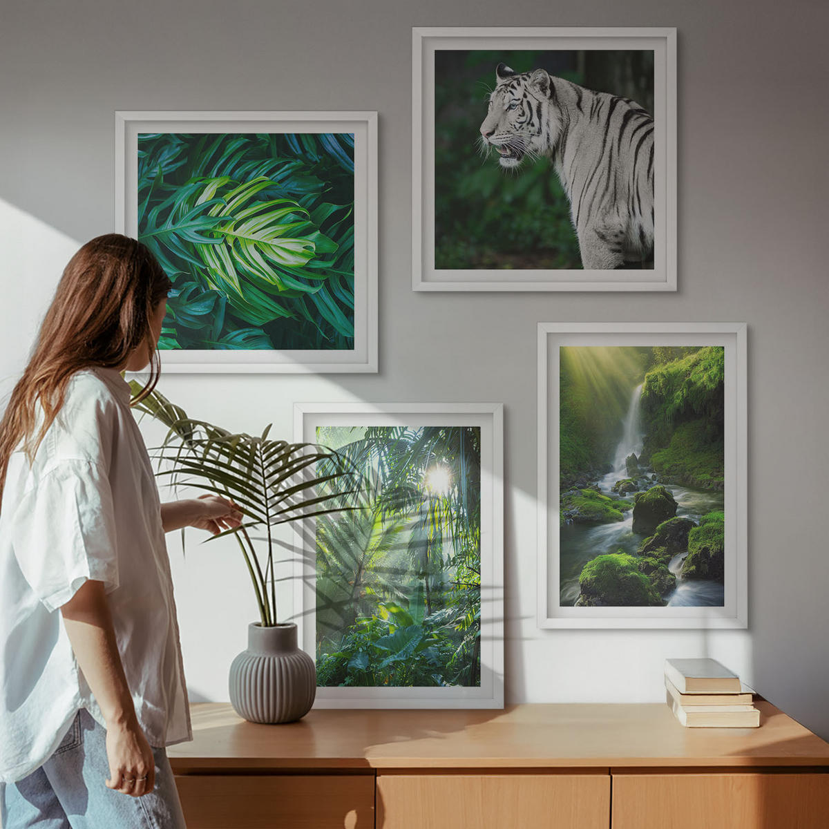 BILDER SET 4er Set - 50x50 cm & 40x60 cm Weißer Rahmen - Dschungel-Weißtiger-Wasserfall - Weiß, Kunststoff (50/50cm) - TULUP