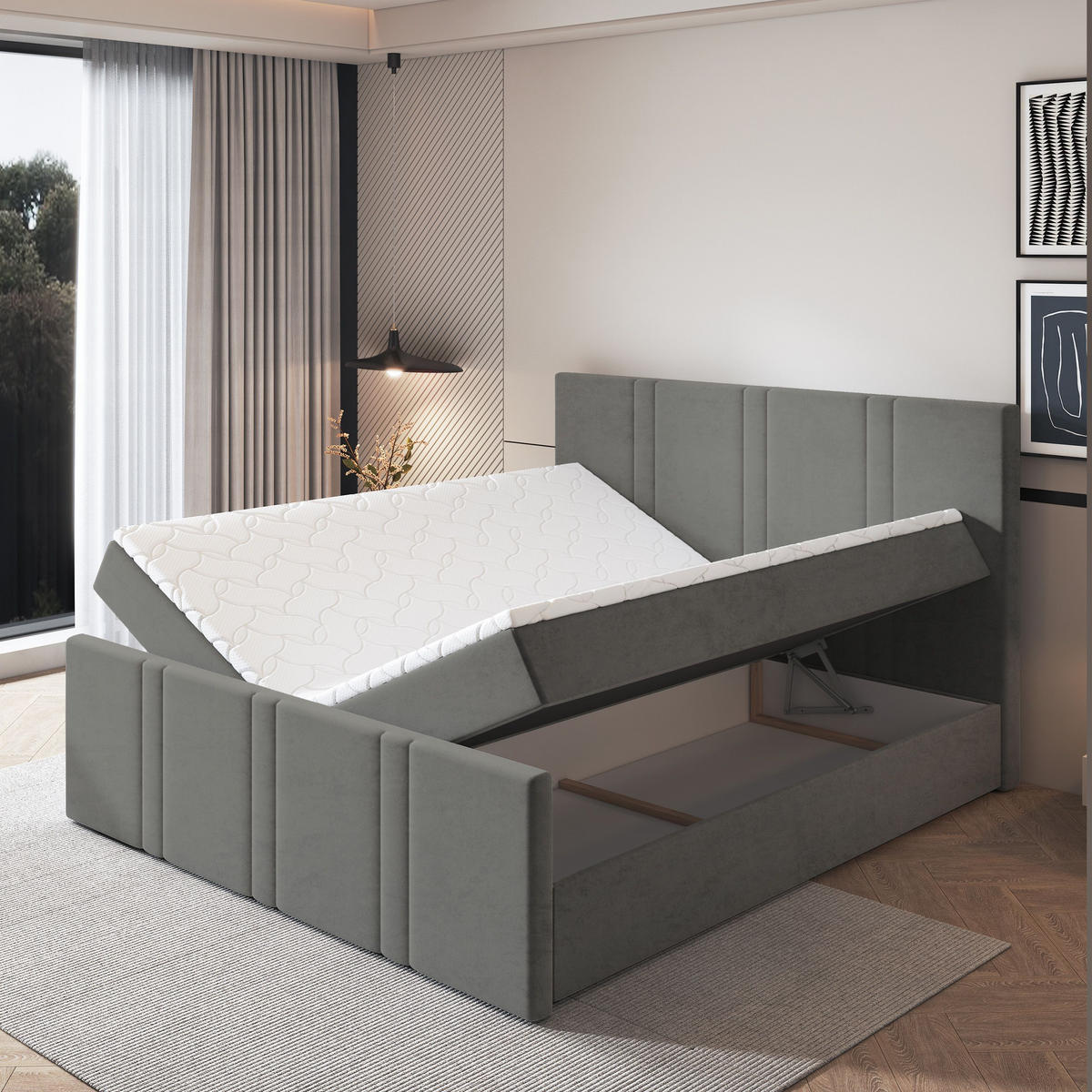 BOXBETT COMOZA 160x200 cm mit Matratze und Topper - Hellgrau - Hellgrau, Holz (160/200cm) - MASSENO