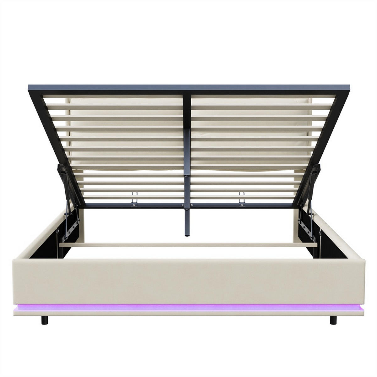 POLSTERBETT 140x200 cm - mit LED & Ladefunktion und hydraulischem Bettkasten - ohne Matratze - Off-White - Creme, Textil (140/200cm) - DELFA