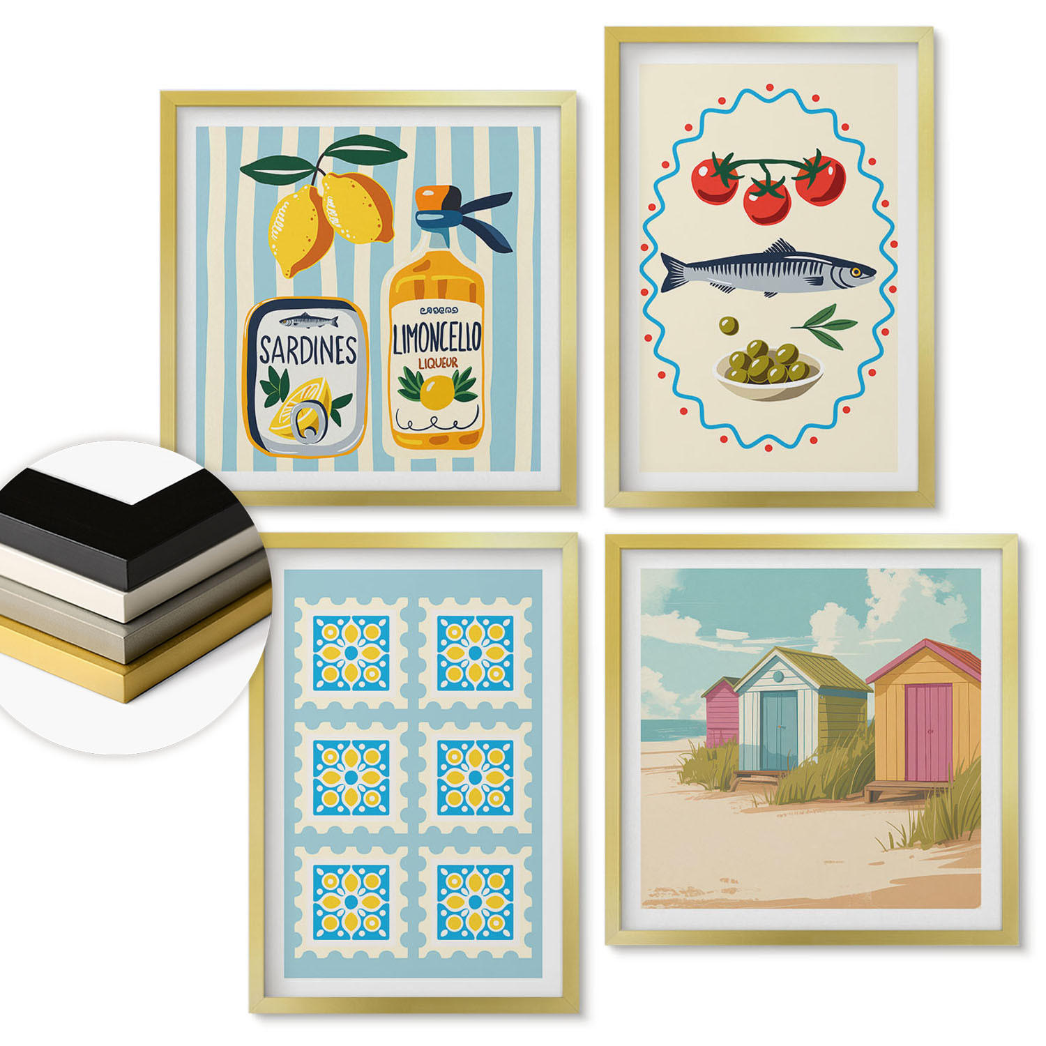 WANDBILDER 4er Set - 50x50 cm & 40x60 cm Goldrahmen - Illustrationen der mediterranen Küche - Goldfarben, Kunststoff (50/50cm) - ArtPrintCave