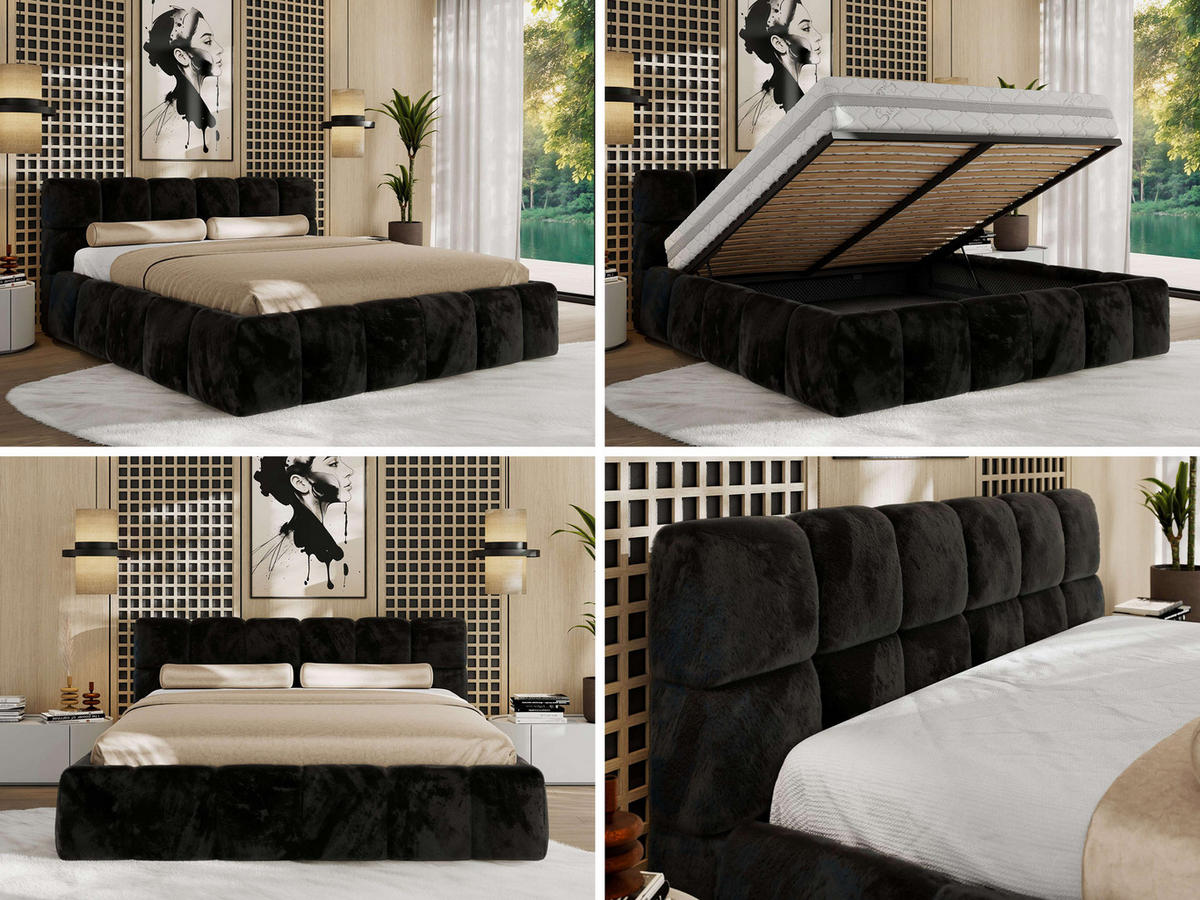 POLSTERBETT NIRA CLASSIC 180/200 - Schwarz Plüsch - Multipocket-Matratze - Schwarz, Textil (180/200cm) - MKS