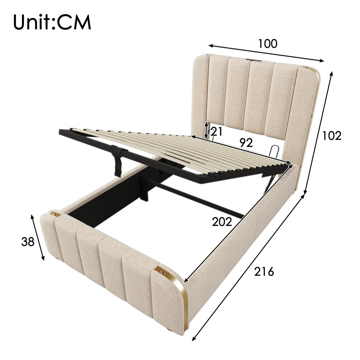 BETT mit Stauraum und USB/Typ-C 90x200 cm Leinen Beige - Beige, Metall (90/200cm) - Meubliv