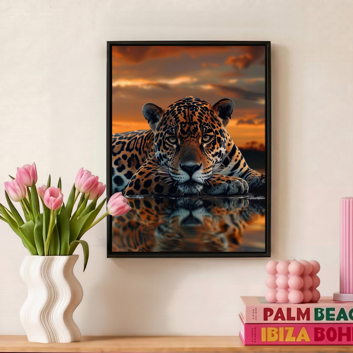 LEINWAND Bilder mit Rahmen - Natur - Leopard - Tier - Sonnenuntergang - Modern - 30x40 - Orange, Textil (30/40cm) - MuchoWow