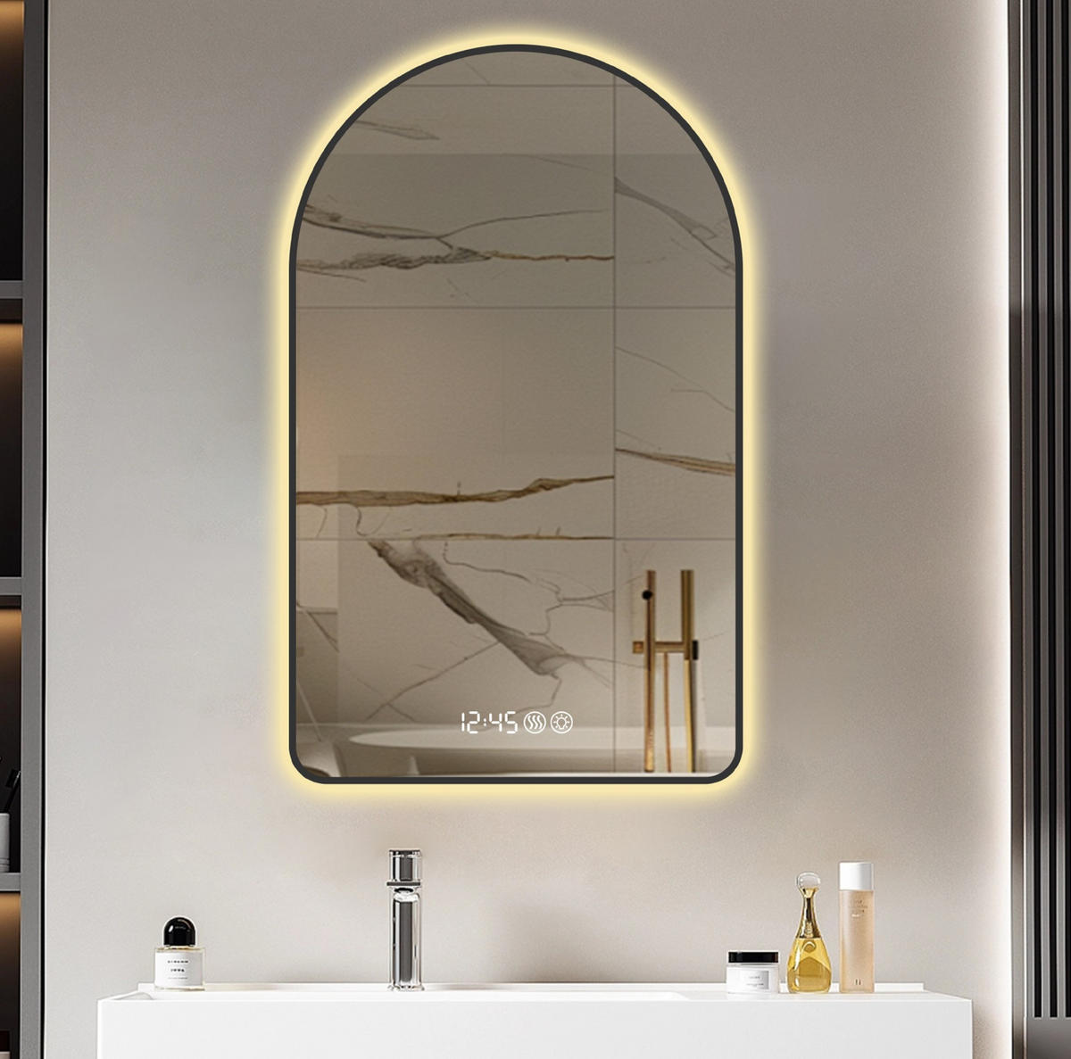 LED Badezimmerspiegel 120x70x3cm Schwarz-Silber,dimmbar,3 Farben,mit Entspiegelung & Temperatur-Anzeige - Silberfarben, Glas (3/120/70cm) - Modfu