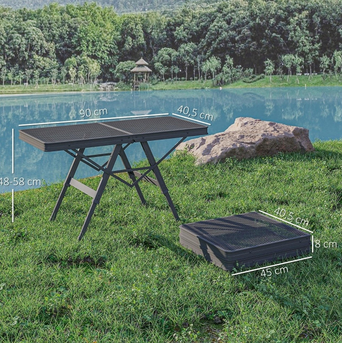 CAMPINGTISCH 90/40,5/48-58 cm höhenverstellbar und klappbar mit Metallgitter-Tischplatte, Schwarz - Schwarz, Metall (90/40.5/58cm) - Redom