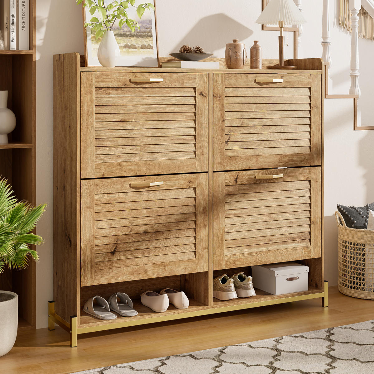 SCHUHKIPPER 108 cm in Holzoptik mit 4 Klappen, schmaler Schuhschrank aus MDF - Naturfarben, Holz (108/100/24cm) - PARAFTA HOME