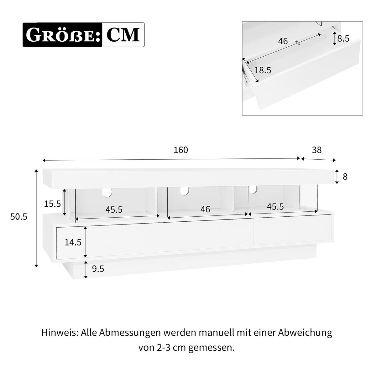 TV-ELEMENT mit LED-Beleuchtung 160 x 38 x 50,5 cm Weiß Hochglanz - Weiß, Holzwerkstoff (38/50.5/160cm) - Beauniv