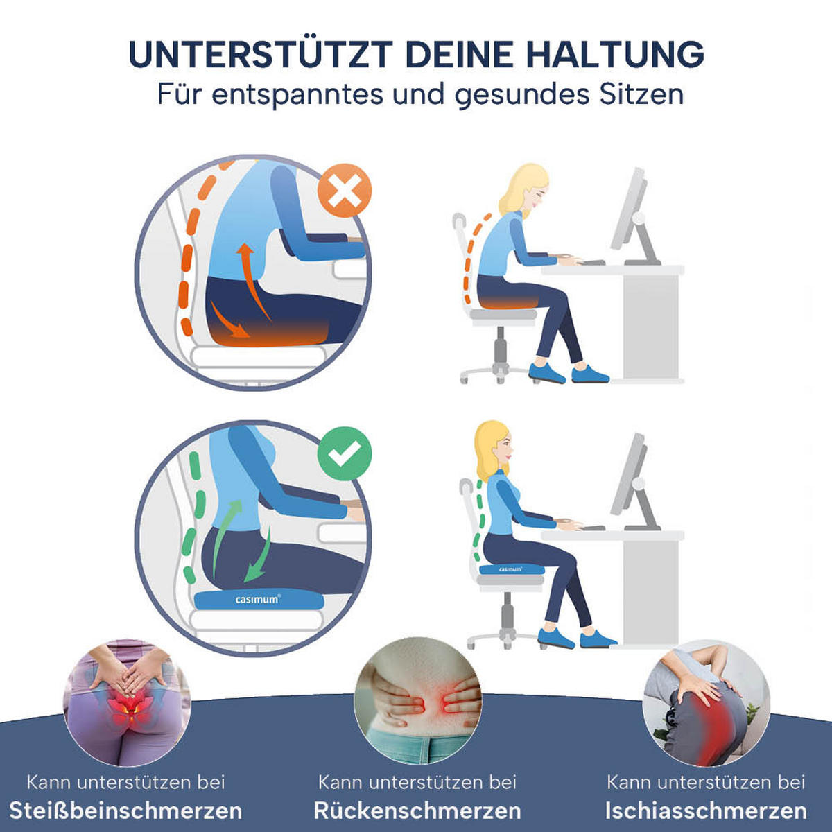 SITZKISSEN orthopädisch in U-Form, ergonomisches Steißbeinkissen 40x33 - Blau, Textil (45/34cm) - casimum