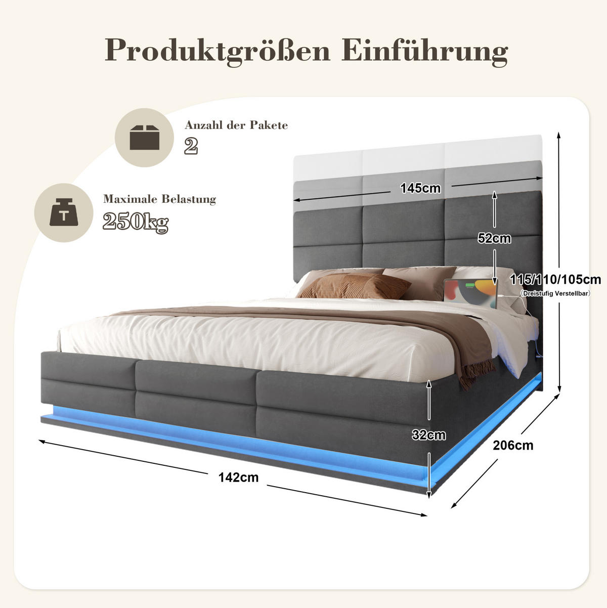 POLSTERBETT 140/200 cm mit LED-Beleuchtung, USB-Anschlüssen, hydraulischem Stauraum und verstellbarem Kopfteil, Dunkelgrau - Dunkelgrau, Textil (140/200cm) - Redom