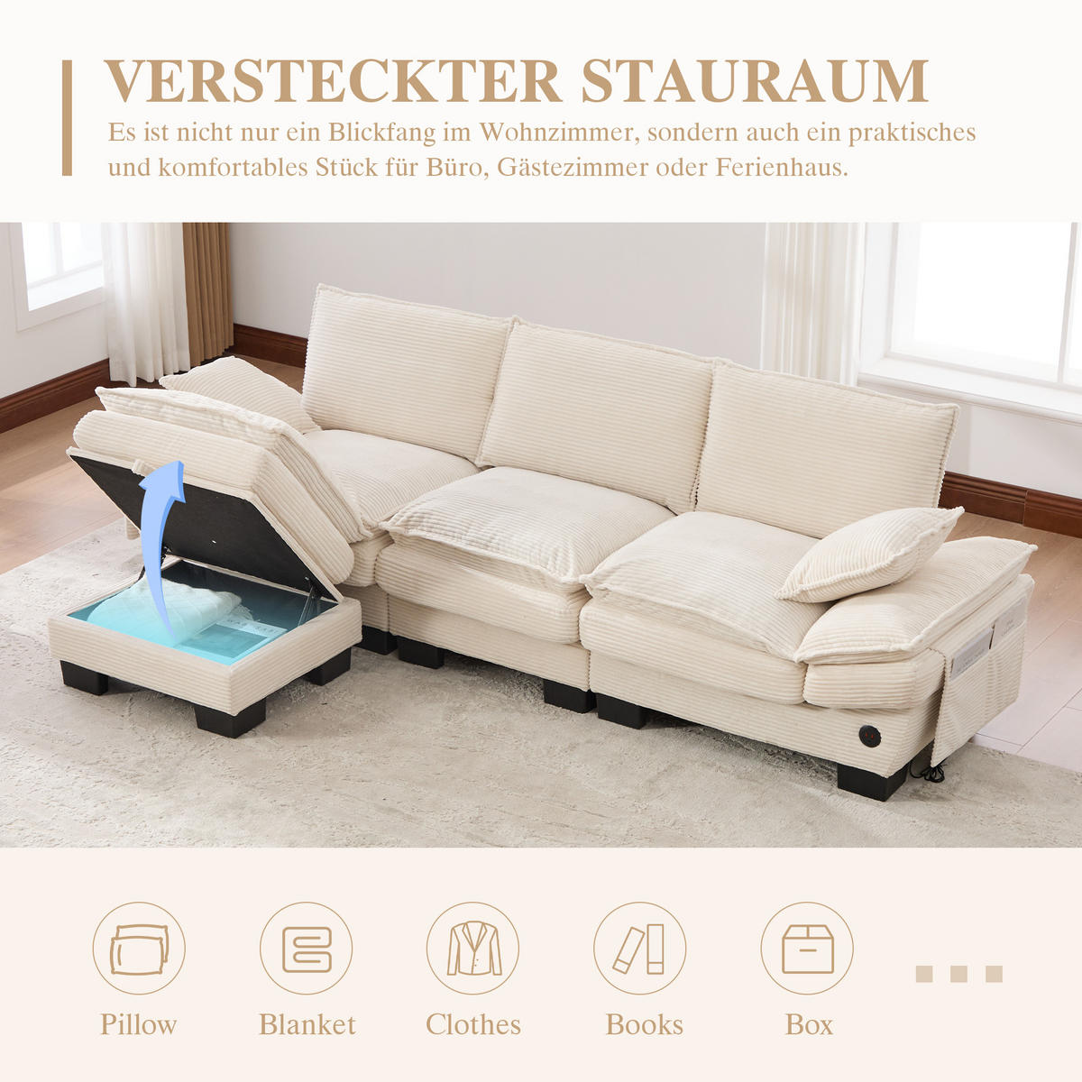 ECKSOFA 260/132/84 cm Beige Cord mit 1 Fußhocker, USB-C-Anschluss und Seitentaschen - Beige, Textil (260/132cm) - Oxeza