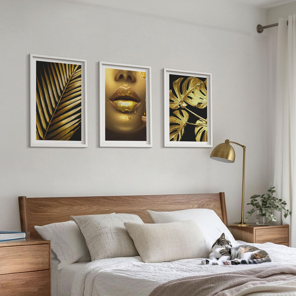 WANDBILDER 3er-Set - 40x60 cm Weißer Rahmen - Mund einer Frau mit Monstera-Palme - Weiß, Kunststoff (40/60cm) - ArtPrintCave