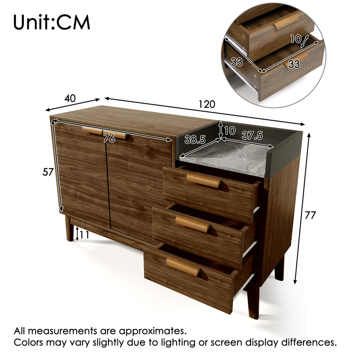 SIDEBOARD 120/77/40 cm Dunkle Eiche aus MDF und Massivholz mit verstellbarem Einlegeboden - Eichefarben, Holzwerkstoff (40/77/120cm) - OKMYHOME