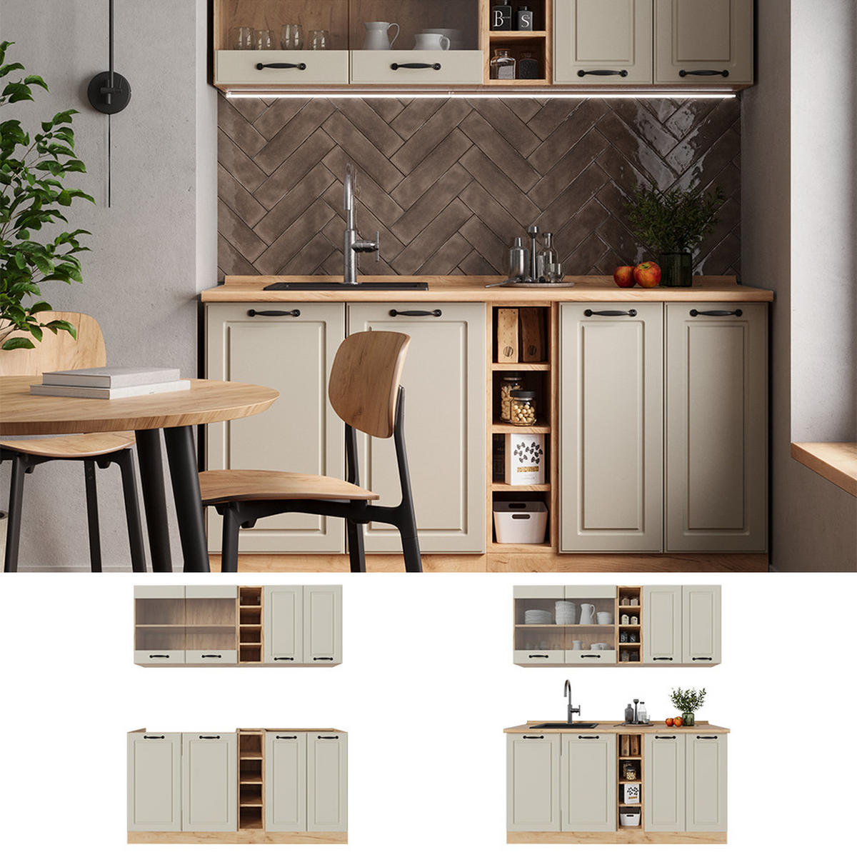 SINGLEKÜCHE R-Line, Sand Landhaus/Goldkraft Eiche, 160 cm Arbeitsplatte Anthrazit - Honigeiche/Beige, Holzwerkstoff (160/81.6/60cm) - Vicco