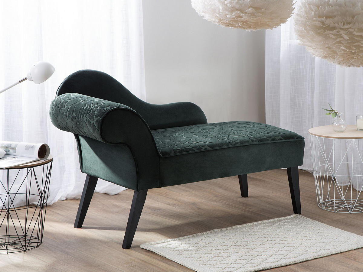 CHAISELONGUE Samtstoff dunkelgrün Blättermuster linksseitig Biarritz - Grün, Textil (116/77/56cm) - Beliani