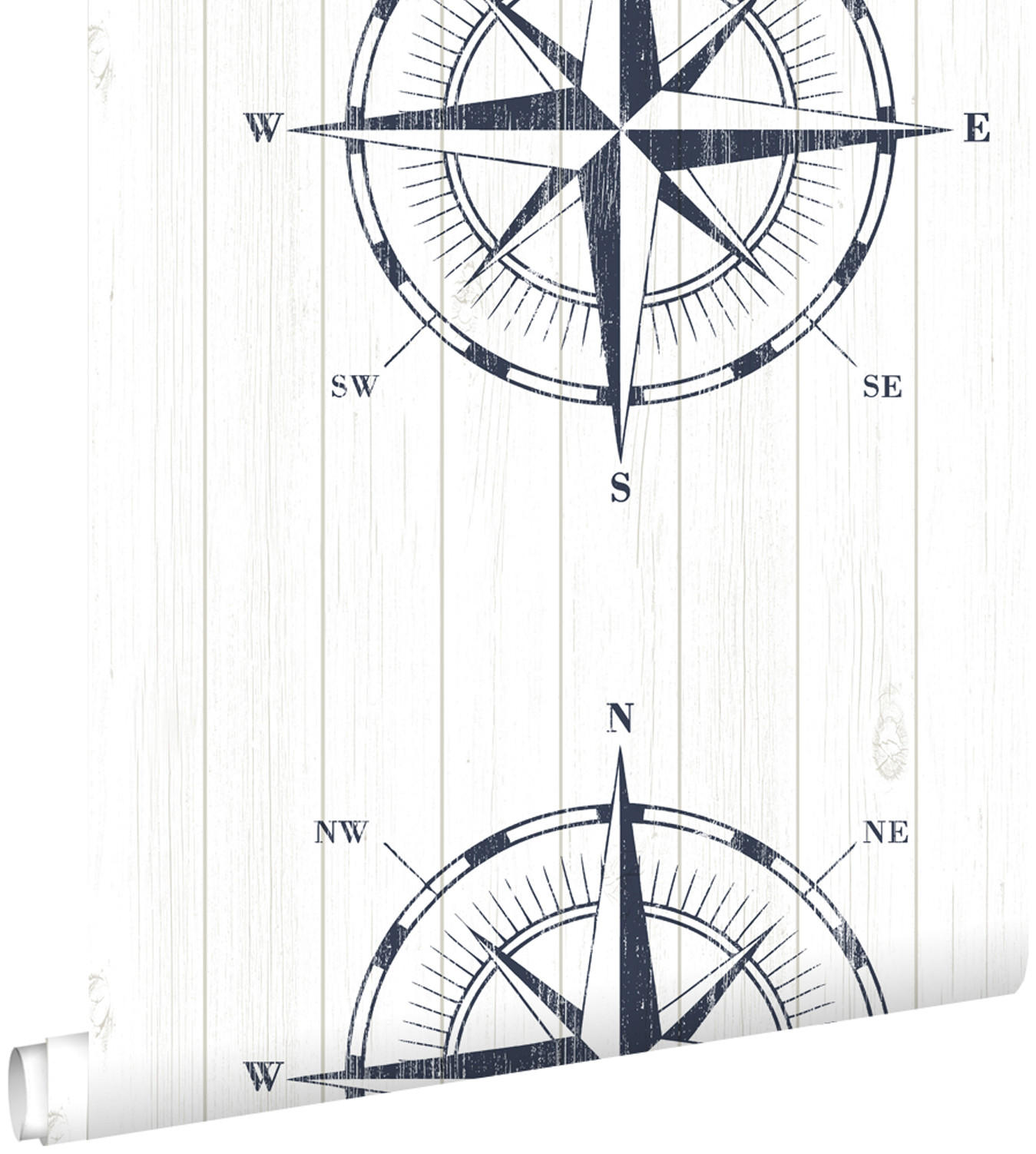 TAPETE Kompassrose auf Altholz 53 cm x 10.05 m - Weiß, Papier (53/0.1cm) - ESTAhome