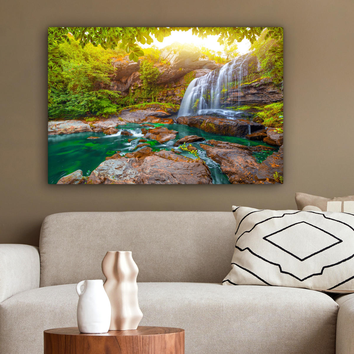 LEINWANDBILD Natur - Wasserfall - Pflanzen - Bäume - Sonne Wanddeko 90x60 cm - Olivgrün, Textil (90/60cm) - MuchoWow