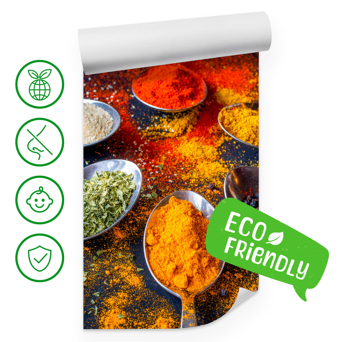 FOTOTAPETE für Küche Gewürzlöffel Orientalisch Curry Kurkuma Pfeffer 350x256 - Beige/Rot, Papier (350/256cm) - Muralo