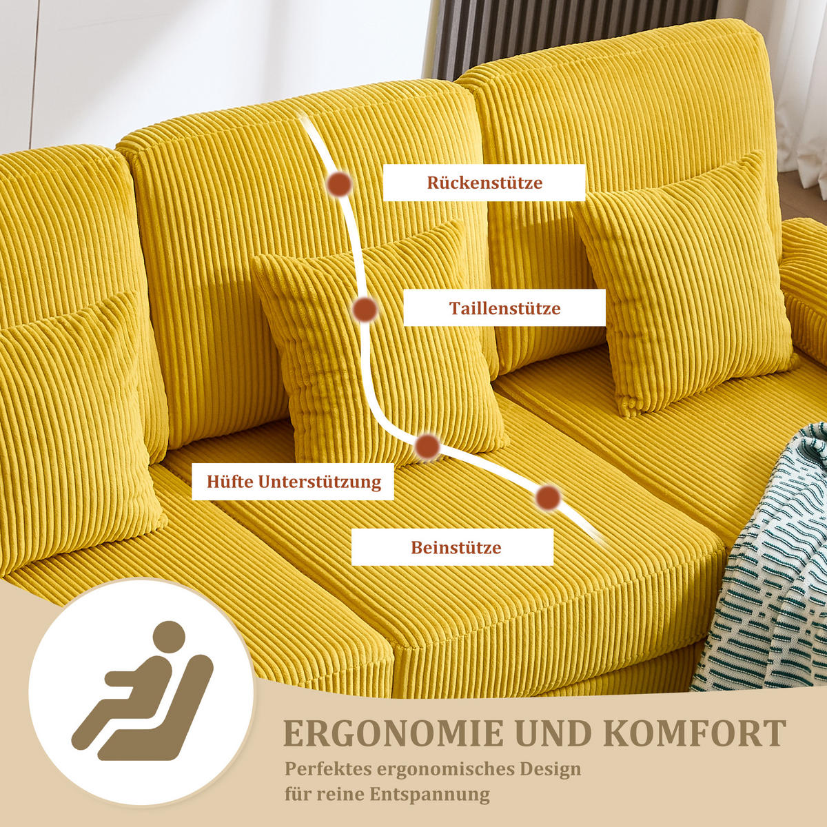 U-FORM Wohnlandschaft Samt mit LED und USB-Anschluss 265/135/88 cm Gelb - Gelb, Textil (135/88/265cm) - Redom