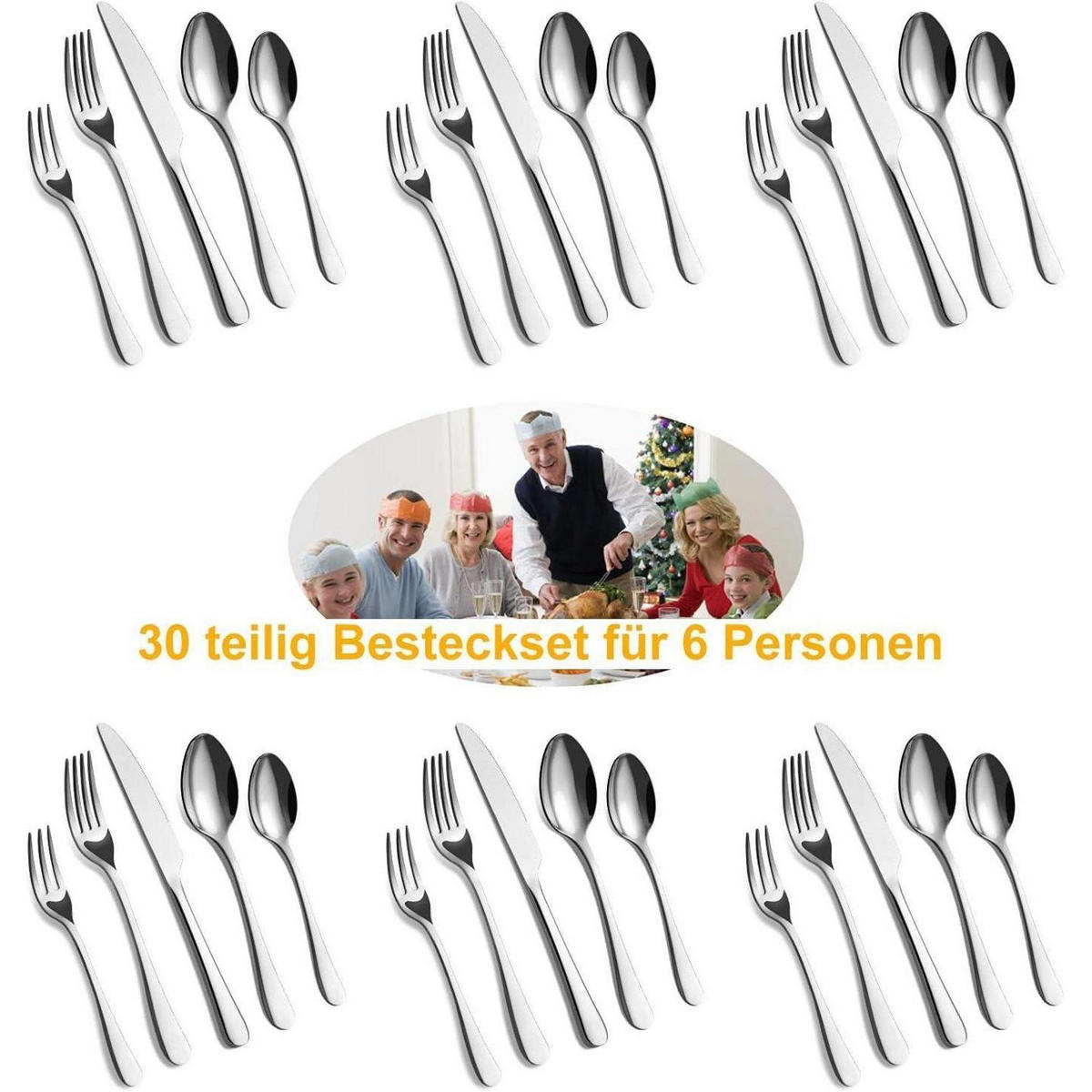 BESTECKSET 30-teilig für 6 Personen Edelstahl spülmaschinenfest - Silberfarben, Metall