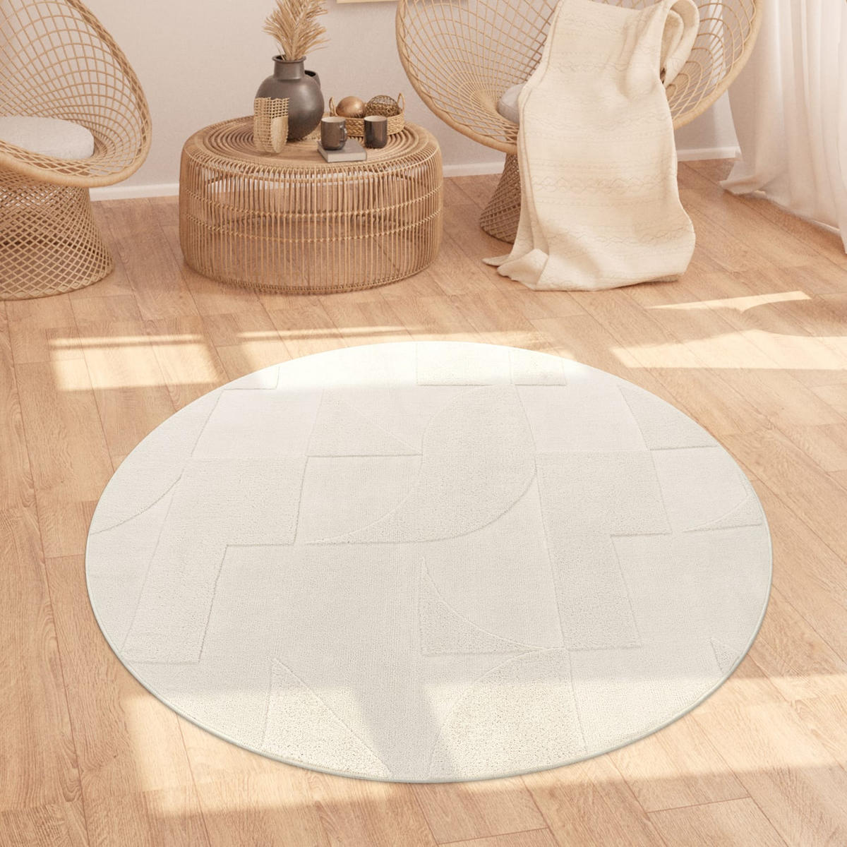TEPPICH Kurzflor waschbar Struktur Wohnzimmer schmutzabweisend Creme Rund 120D - Beige, Textil (120/120cm) - KADIMA DESIGN