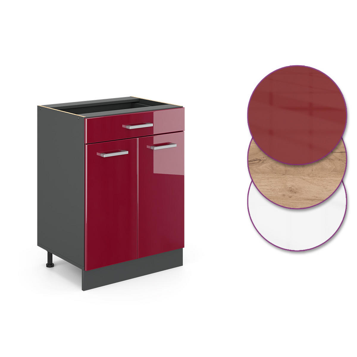 KÜCHENUNTERSCHRANK R-Line Rot Hochglanz 60 cm AP Marmor - Anthrazit/Rot, Holzwerkstoff (60/81.6/60cm) - Vicco