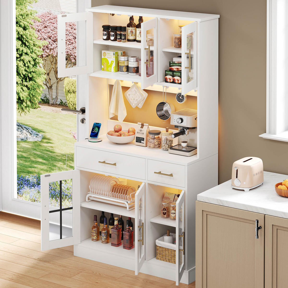 BUFFET 100/40/180 cm Weiß mit LED-Leiste und Steckdose, 6 Türen und 2 Schubladen - Weiß, Holz (100/180/40cm) - Oxeza