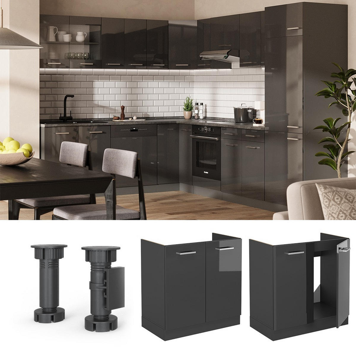 SPÜLENUNTERSCHRANK R-Line Anthrazit Hochglanz 80 cm , AP Eiche - Schwarz Hochglanz/Anthrazit, Holzwerkstoff (80/81.6/60cm) - Vicco