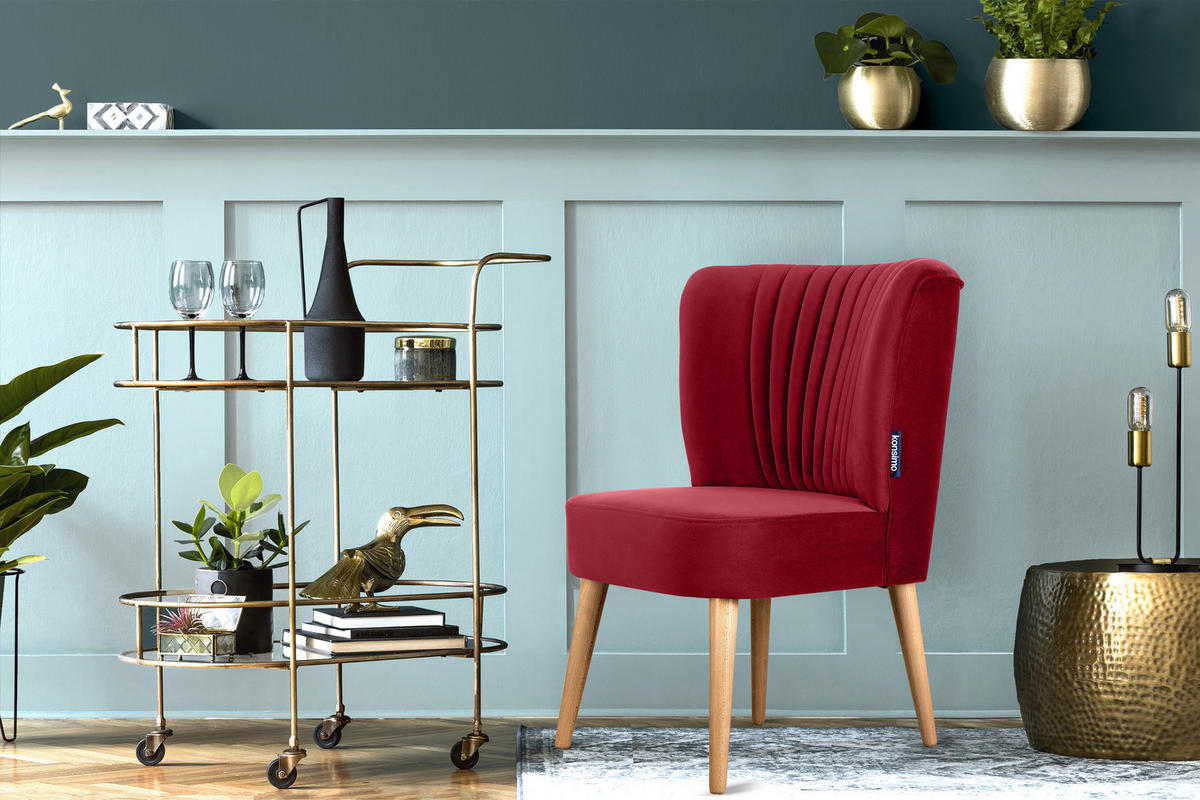 COCKTAILSESSEL DUCO auf hohen Beinen, Rot/Eiche - Eichefarben/Rot, Holz/Textil (63/89/65cm) - KONSIMO®