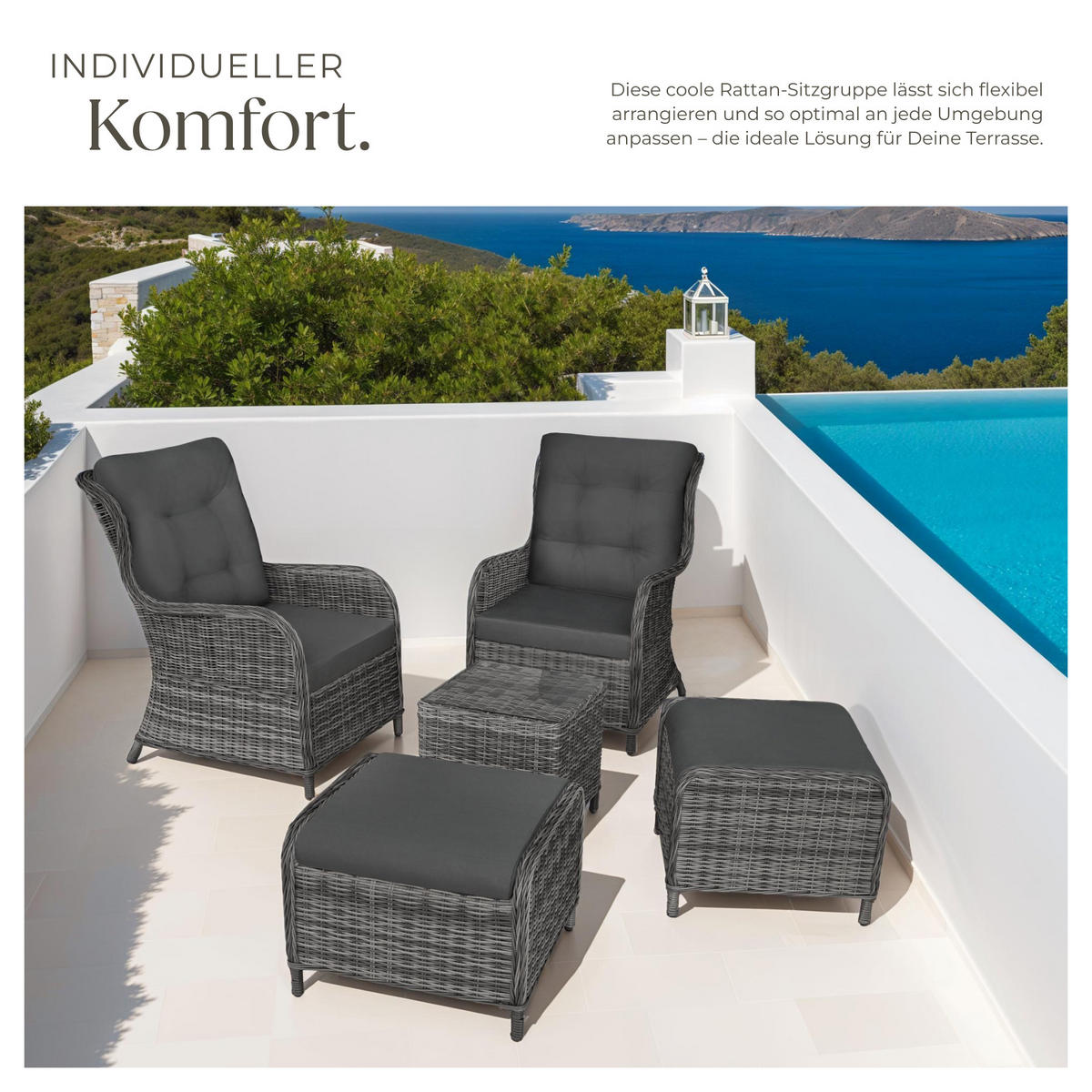 RATTAN SITZGRUPPE Benissa,mit Sicherheitsglasplatte,grau-meliert/grau - Grau, Kunststoff - tectake