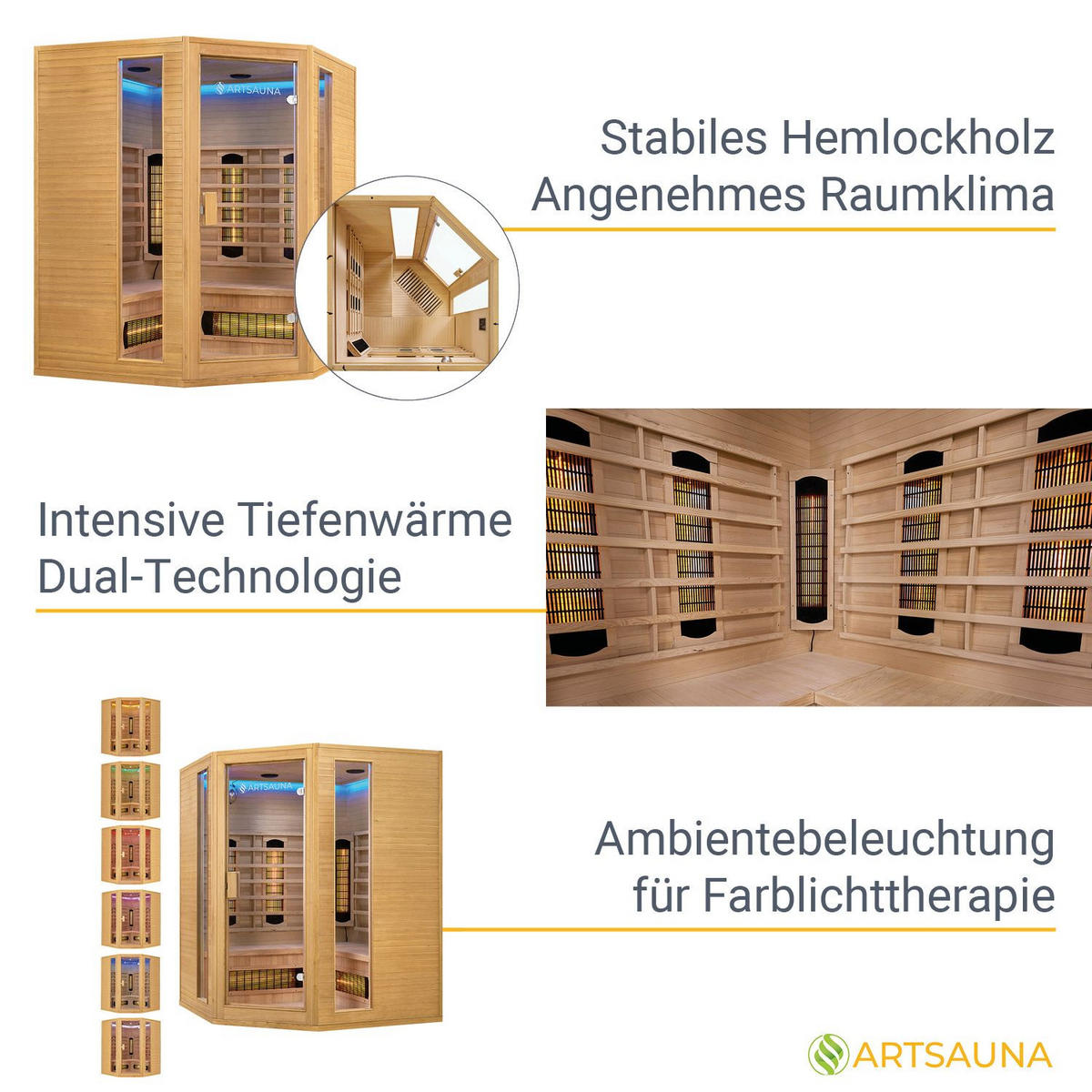 INFRAROTKABINE Nyborg E150V mit Vollspektrum-, Flächenstrahlern & Hemlockholz - Naturfarben, Holz (150/190/150cm) - Artsauna