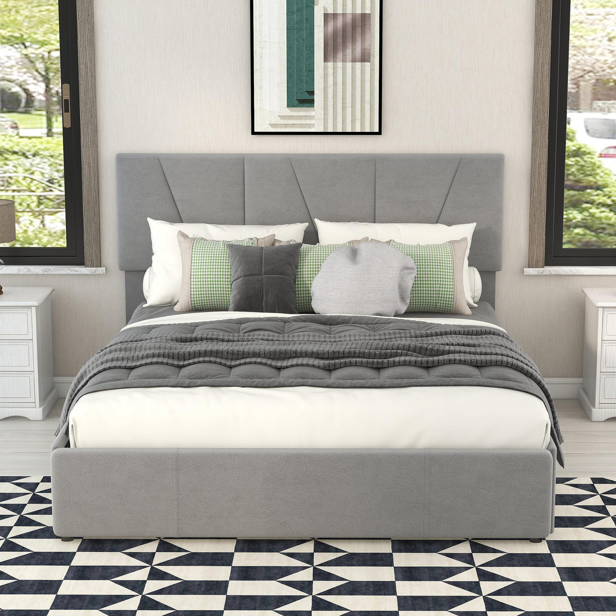 POLSTERBETT 140/200 cm grau mit vier Schubladen und höhenverstellbarem Kopfteil - Grau, Textil (140/200cm) - OKWISH