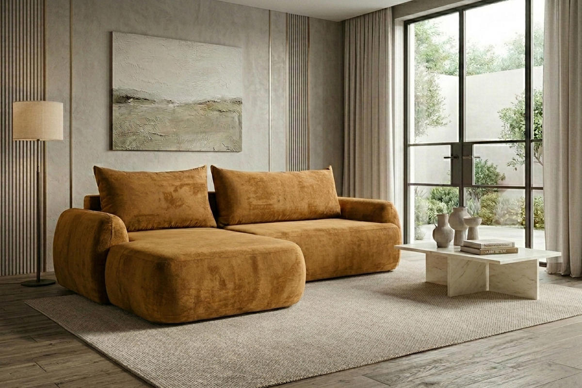 ECKSOFA Mit Schlaffunktion Und Bettkasten, Chenille-Stoff Perfecto, Honigfarbe, Links, HELA II - Honig, Holz (280/184cm) - Kaiser Möbel
